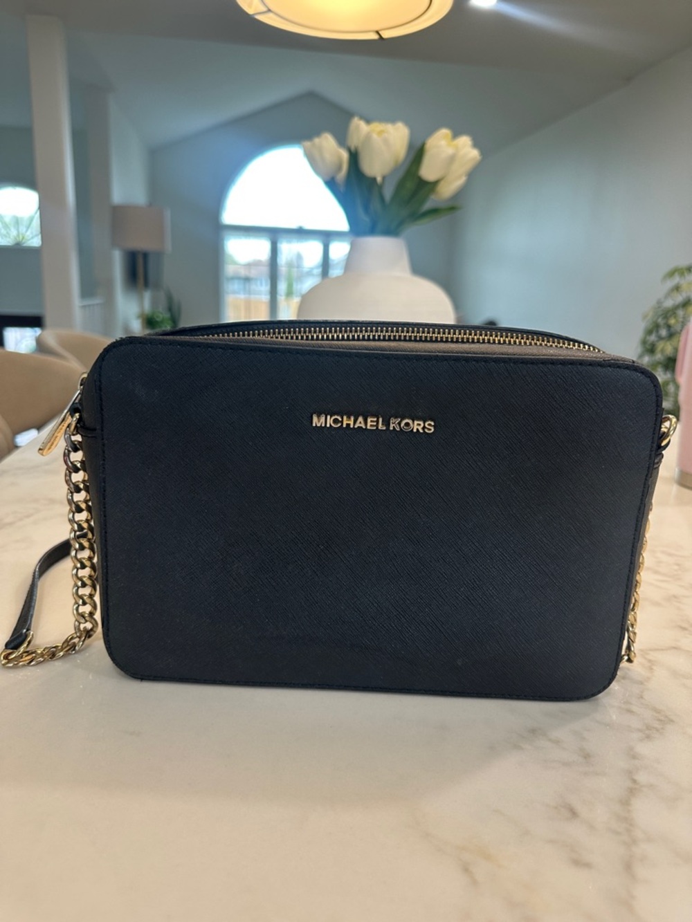 MICHAEL KORS Black Saffiano Leather Crossbody with Gold Hardware